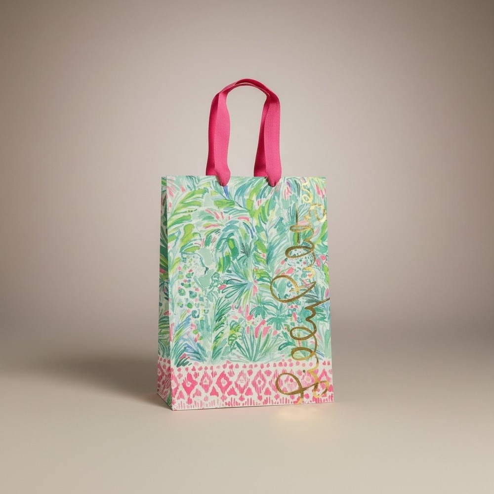 Lilly Pulitzer LG Paper Shopping Bag Tropical Floral Pink Ribbon Handles 16x12